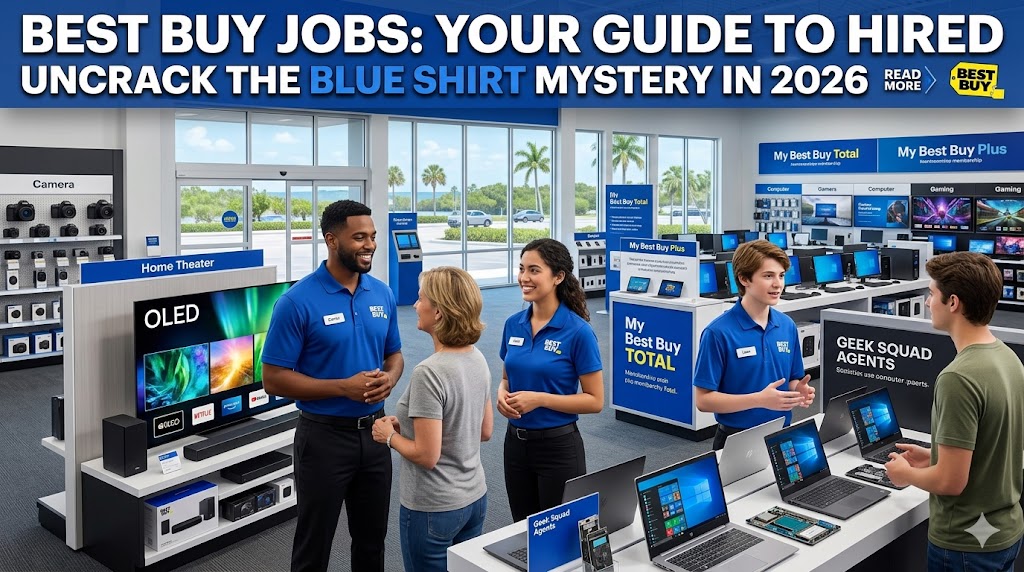 Inside a Best Buy store, three employees, two men and a woman in blue Best Buy polos with name tags.