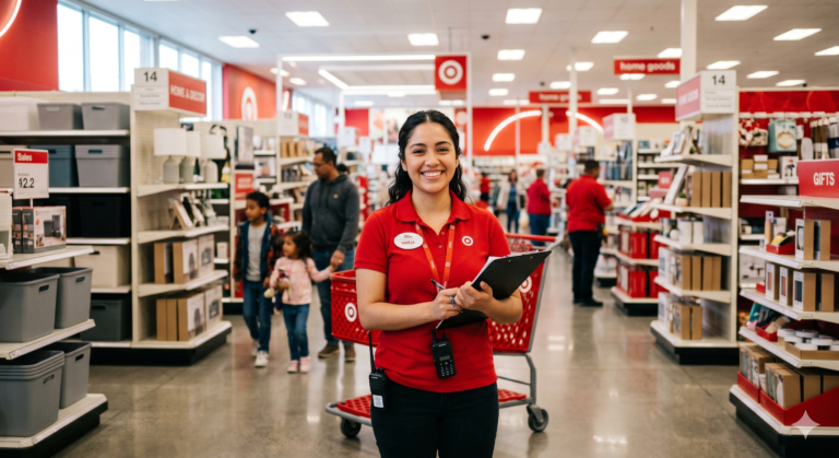 A medium shot of a confident young adult woman smiling warmly, working as a Target employee in a bright, modern store aisle. She has long dark hair, is wearing a classic red polo shirt with a name tag that reads "MARIA," dark pants, a lanyard, and two walkie-talkies clipped to her waist. She stands in the center foreground, confidently holding a black clipboard and a pen. The background features a brightly lit Target store interior with clean shelves, red branding accents, a red shopping cart, and a few blurred customers walking in the aisles, captured in a professional editorial style with a shallow depth of field.