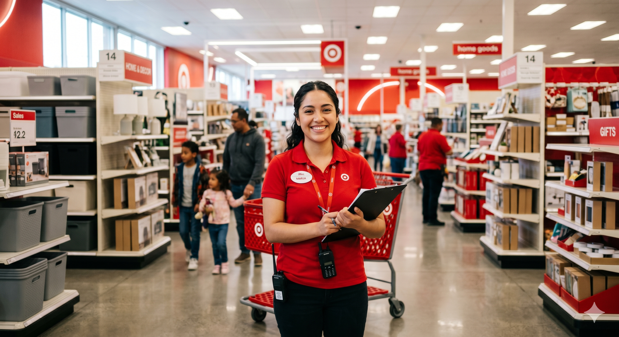 A medium shot of a confident young adult woman smiling warmly, working as a Target employee in a bright, modern store aisle. She has long dark hair, is wearing a classic red polo shirt with a name tag that reads "MARIA," dark pants, a lanyard, and two walkie-talkies clipped to her waist. She stands in the center foreground, confidently holding a black clipboard and a pen. The background features a brightly lit Target store interior with clean shelves, red branding accents, a red shopping cart, and a few blurred customers walking in the aisles, captured in a professional editorial style with a shallow depth of field.