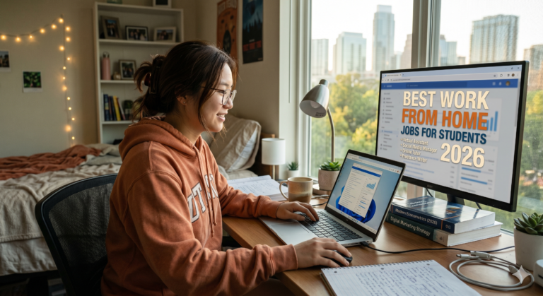 College student working from home on a laptop — best work from home jobs for students 2026.